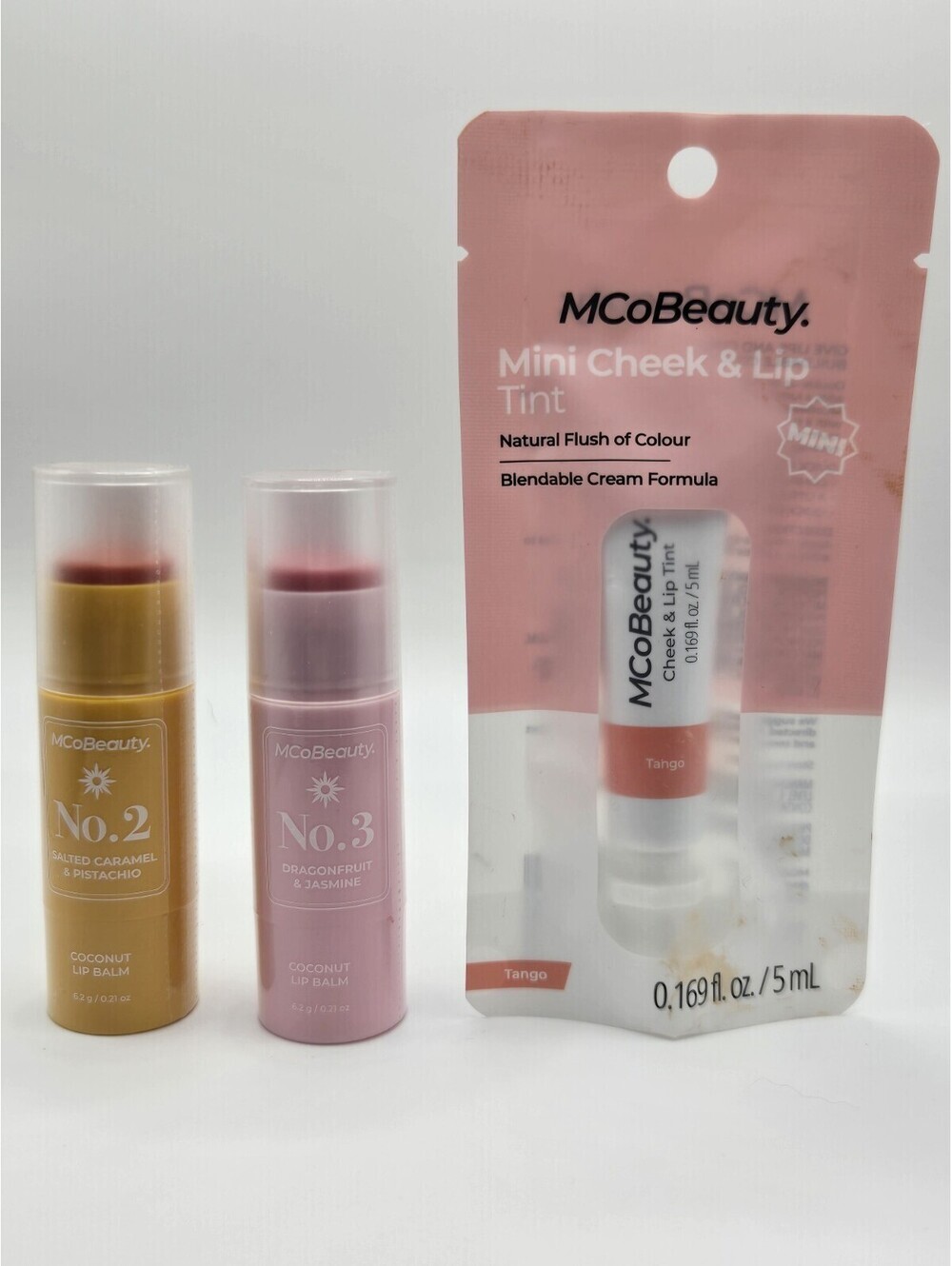MCoBeauty Coconut Lip Balm & Mini Cheek Lip Tint Bundle 3 Pc Set